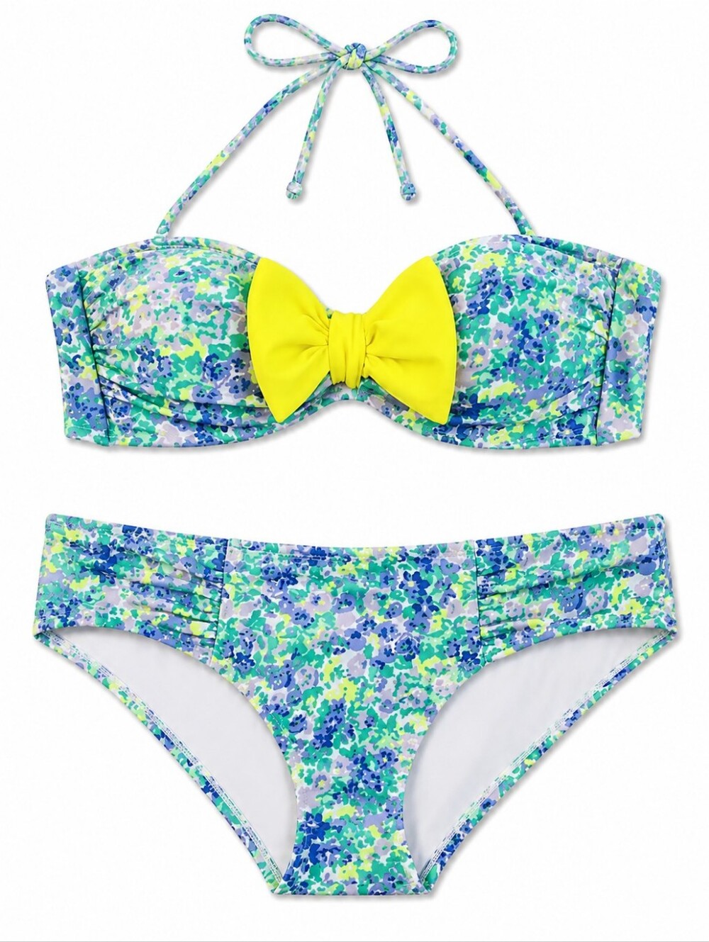 aerie Floral Bikini Set with Neon Yellow Bow L/XL